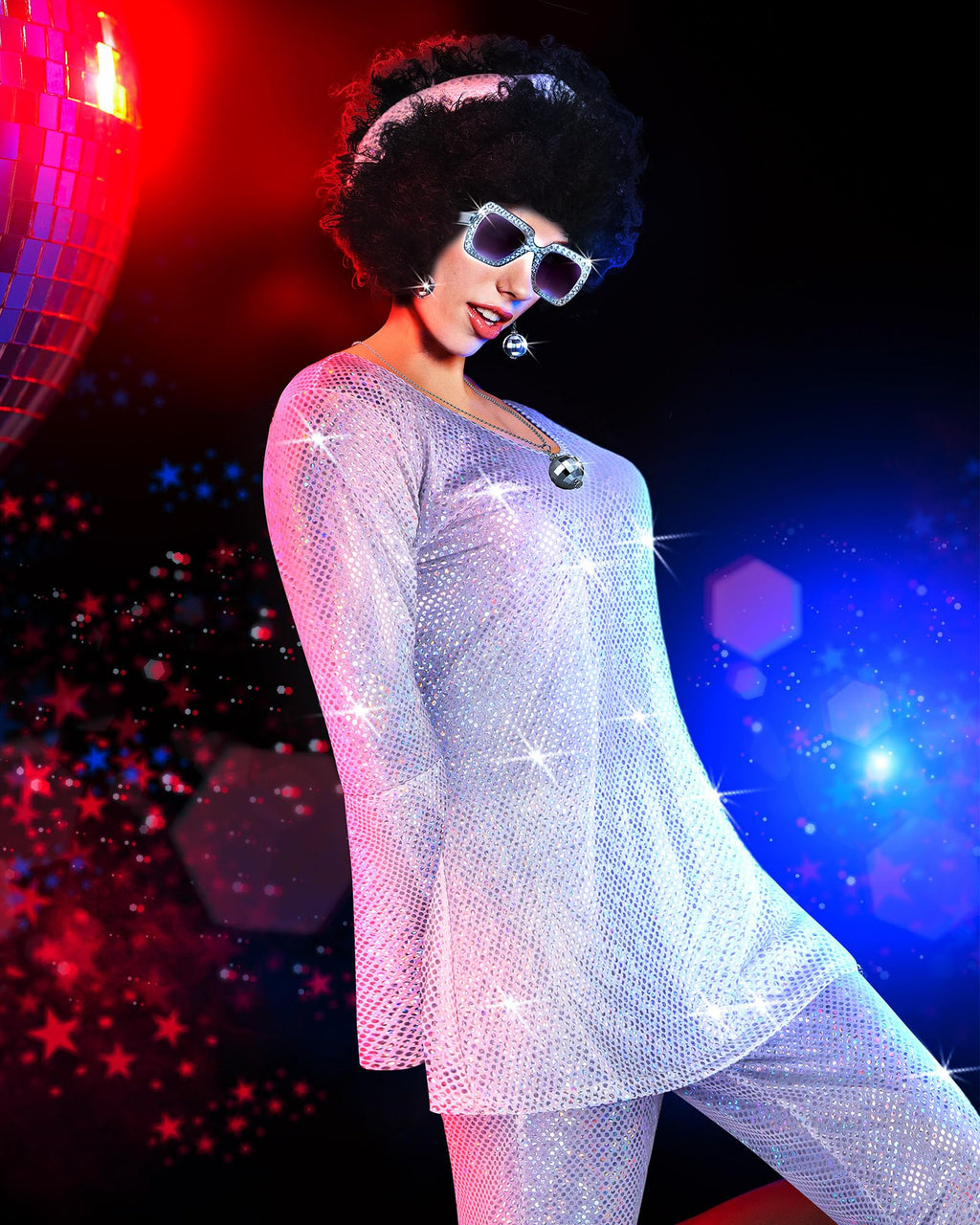 Jexine Halloween 70s Women Disco Outfit Costume Set Disco Party Top Pants Sunglasses Ball Necklace Earring Wig(White,Large)