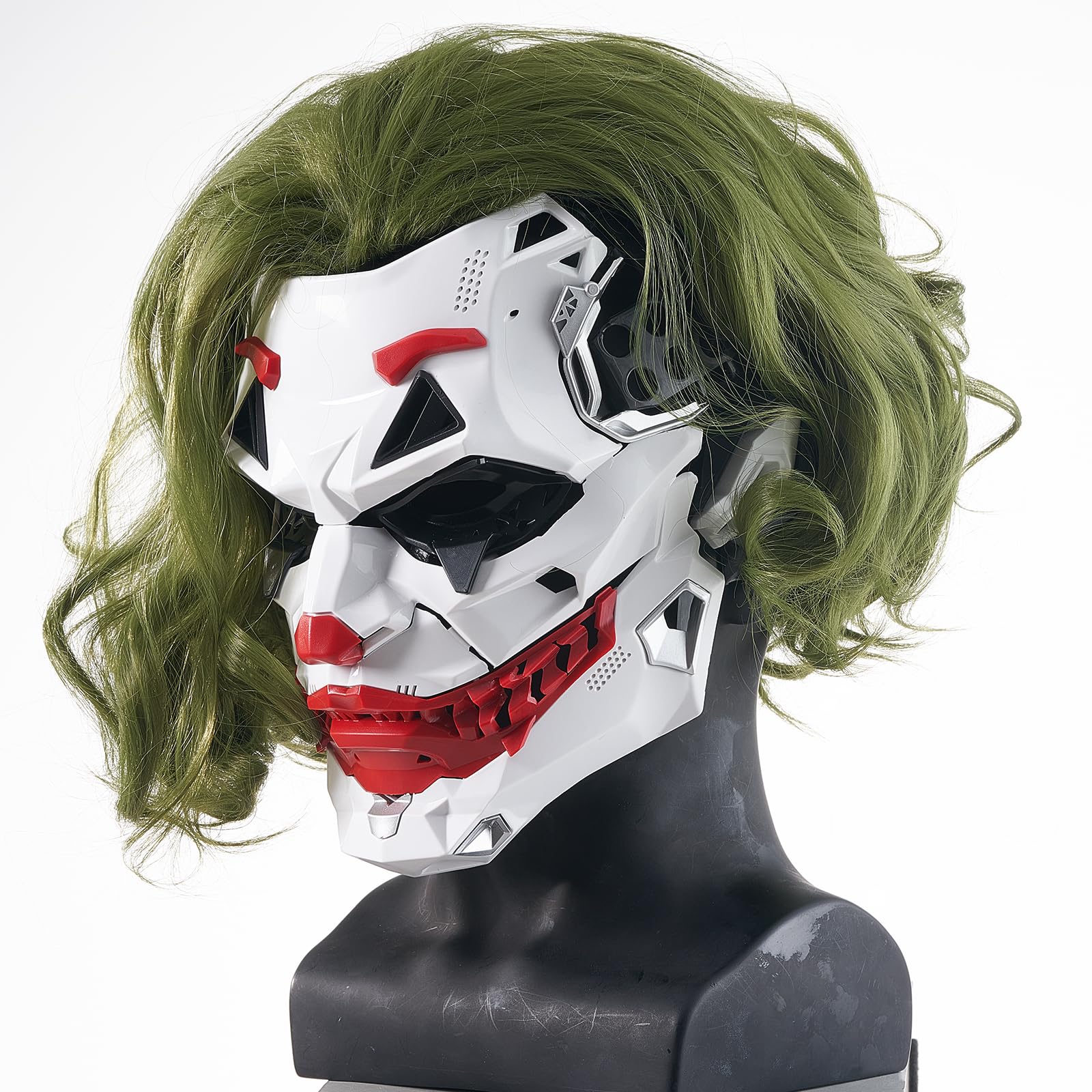 IUUBVV Futuristic Clown Mask with Green Wig, White and Red Cyberpunk Style Face Mask, Halloween Costume Accessory