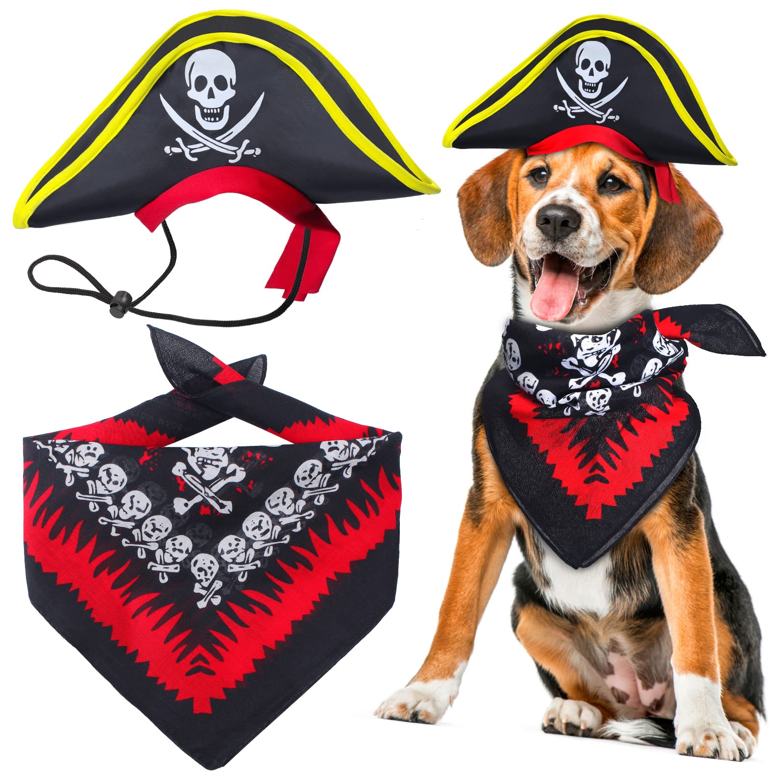 Aichiyu 2 Pieces Skull Print Pet Pirate Hat with Pirate Skull Bandana Dog Cat Captain Cap Halloween Pirate Cosplay Costume Halloween Party Hat Dress Up Costume Accessories (C)