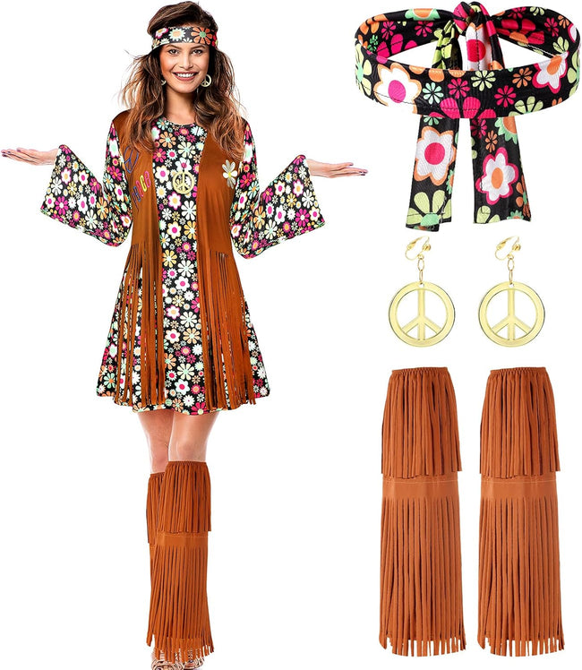 SATINIOR 70s 60s Hippie Costume Set 70s Outfits Accessories for Carnival Party Halloween Women Disco Dress Hover Image