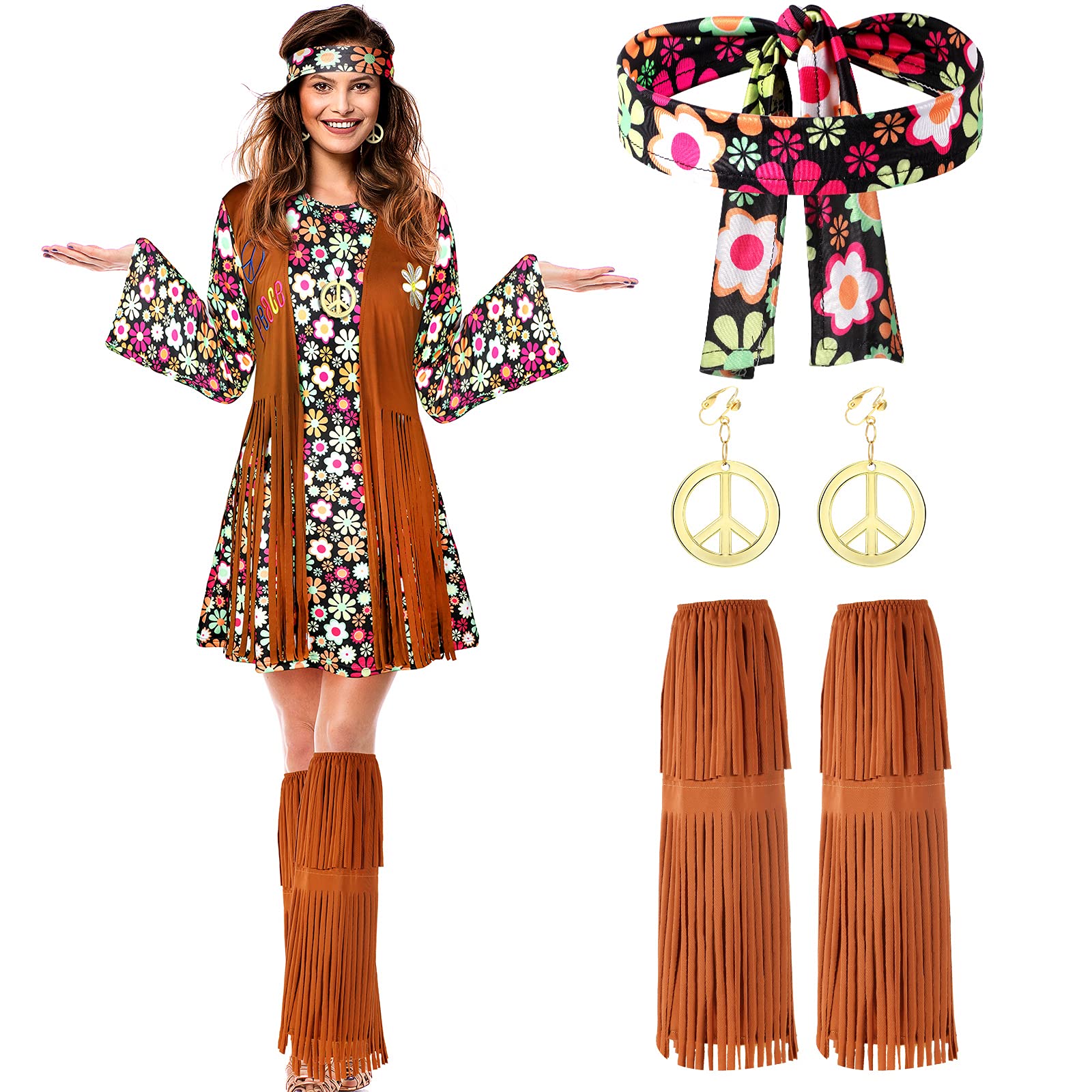 SATINIOR 70s 60s Hippie Costume Set 70s Outfits Accessories for Carnival Party Halloween Women Disco Dress
