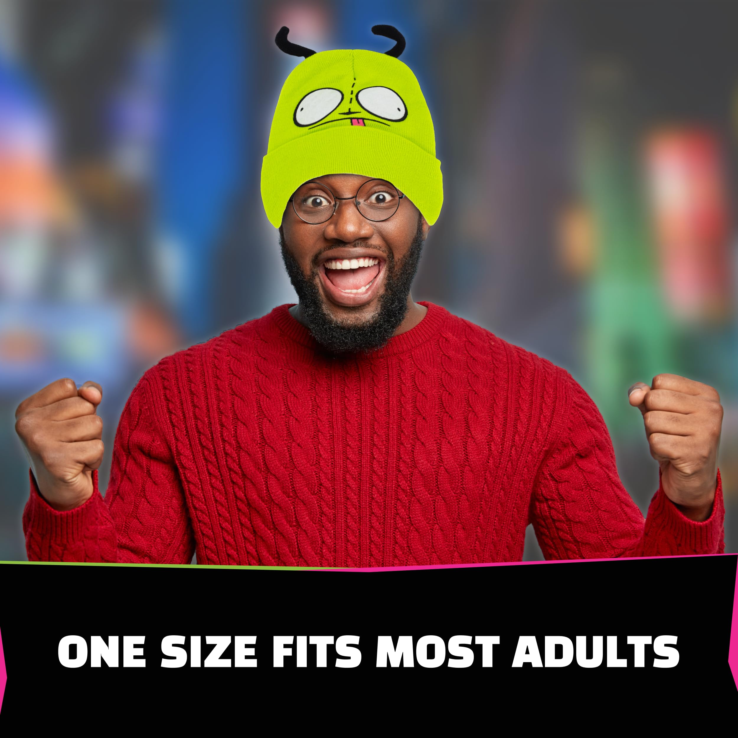 Invader Zim Beanie Hat, Gir Winter Knit Cap with Cuff and 3D Ears, Green, One Size