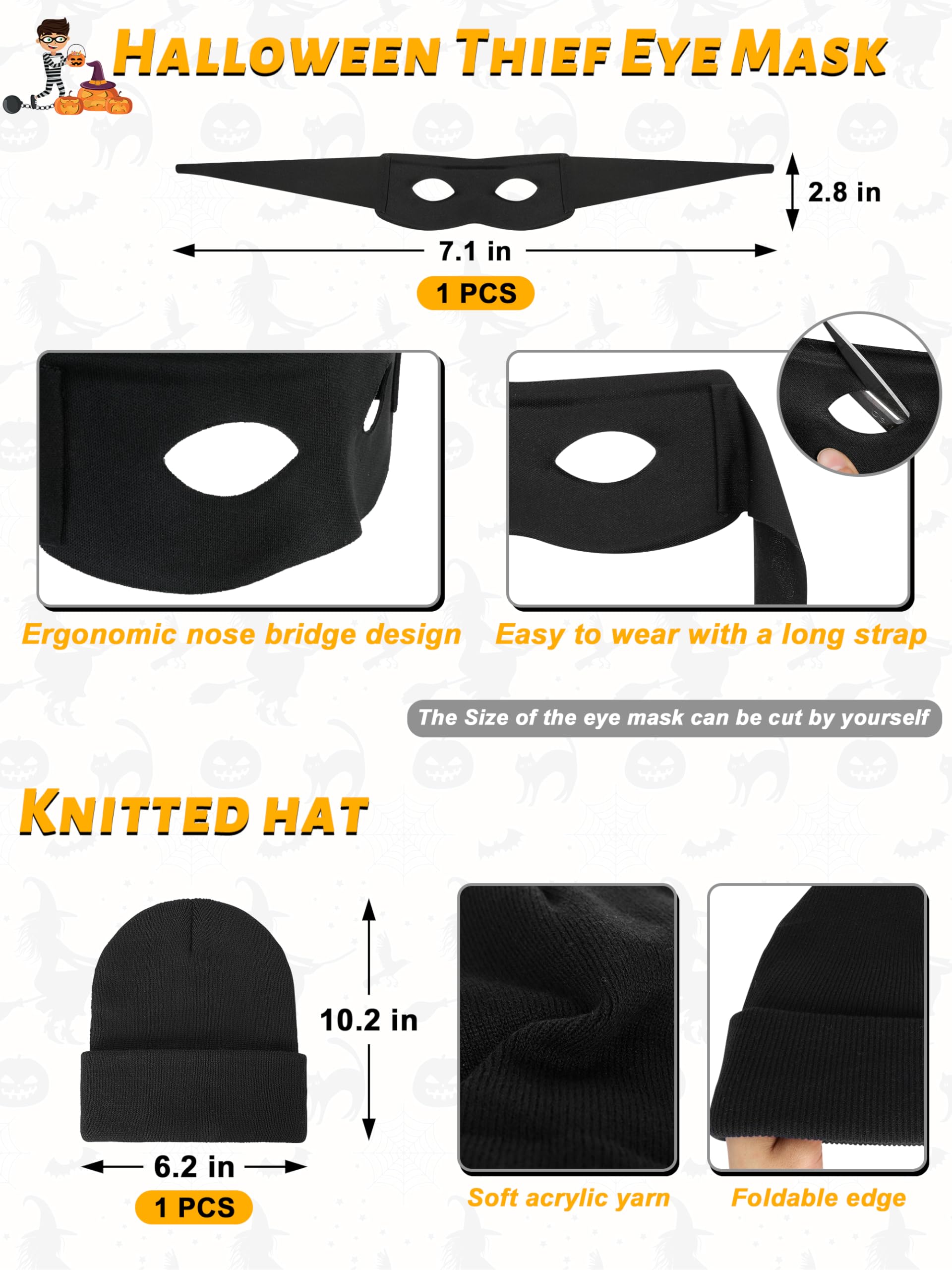 QZYL Halloween Women Robber Costume Set, XXL Women Thief Cosplay Striped Shirt Mask Gloves Beanie Cap Bag for Halloween Thief