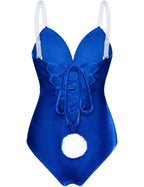 Women Velvet Bunny Costume Bunny Girl Suit Costume Senpai Cosplay One Piece Bodysuit Stockings Set(Blue S)