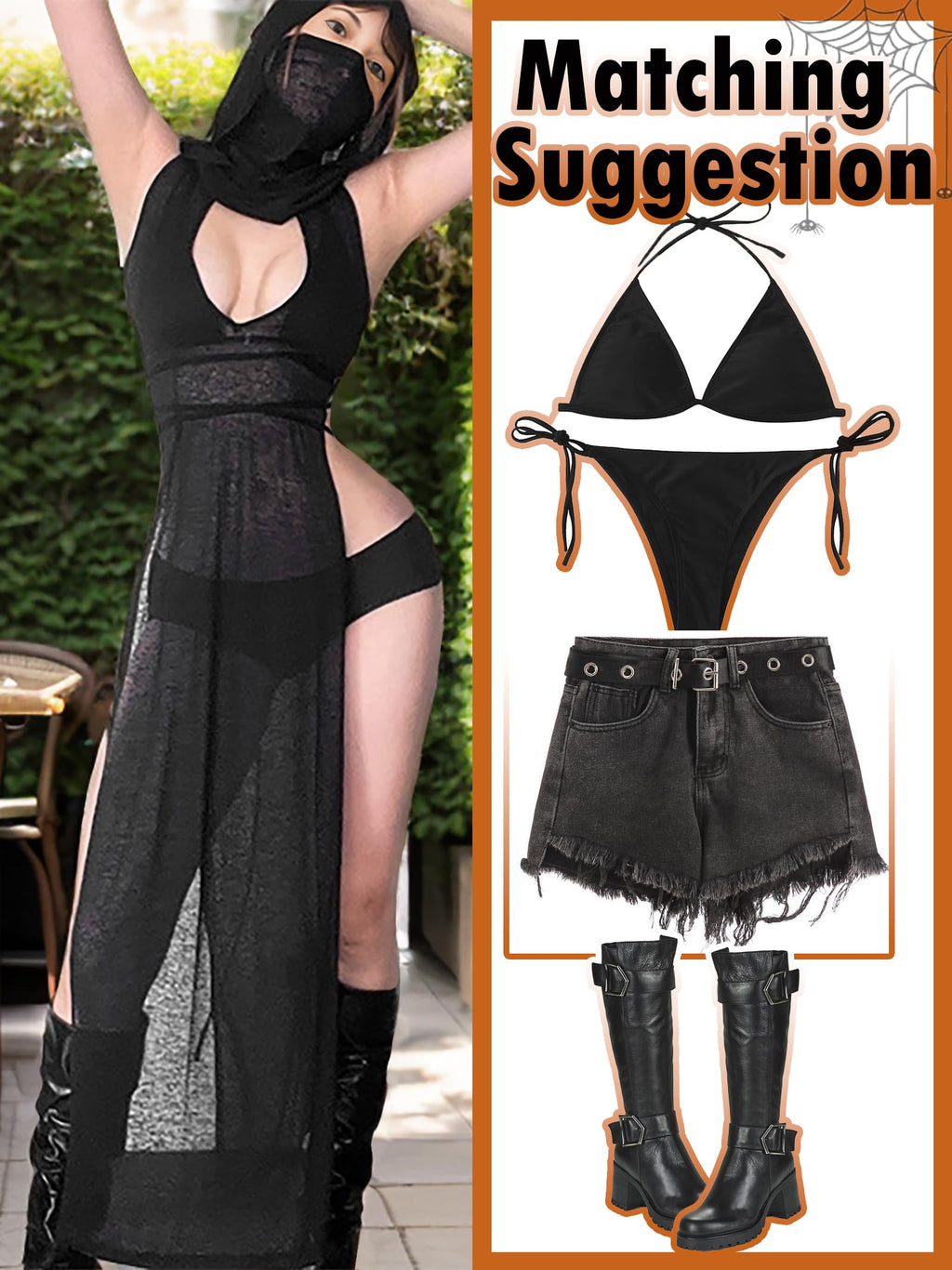 Mingnos Women Goth Rave Dress Sexy Cosplay Costume Cutout High Slit Sheer Festival Outfits Night Out Dresses Black L