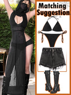 Mingnos Women Goth Rave Dress Sexy Cosplay Costume Cutout High Slit Sheer Festival Outfits Night Out Dresses Black L