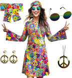 70s Hippie Dress Costumes Necklace Earrings Sunglass Women Disco Outfit, 60s Party Costume, Halloween Retro Dresses