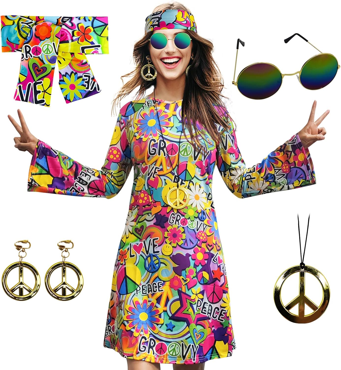 70s Hippie Dress Costumes Necklace Earrings Sunglass Women Disco Outfit, 60s Party Costume, Halloween Retro Dresses