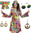 70s Hippie Dress Costumes Necklace Earrings Sunglass Women Disco Outfit, 60s Party Costume, Halloween Retro Dresses