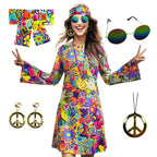 70s Hippie Dress Costumes Necklace Earrings Sunglass Women Disco Outfit, 60s Party Costume, Halloween Retro Dresses