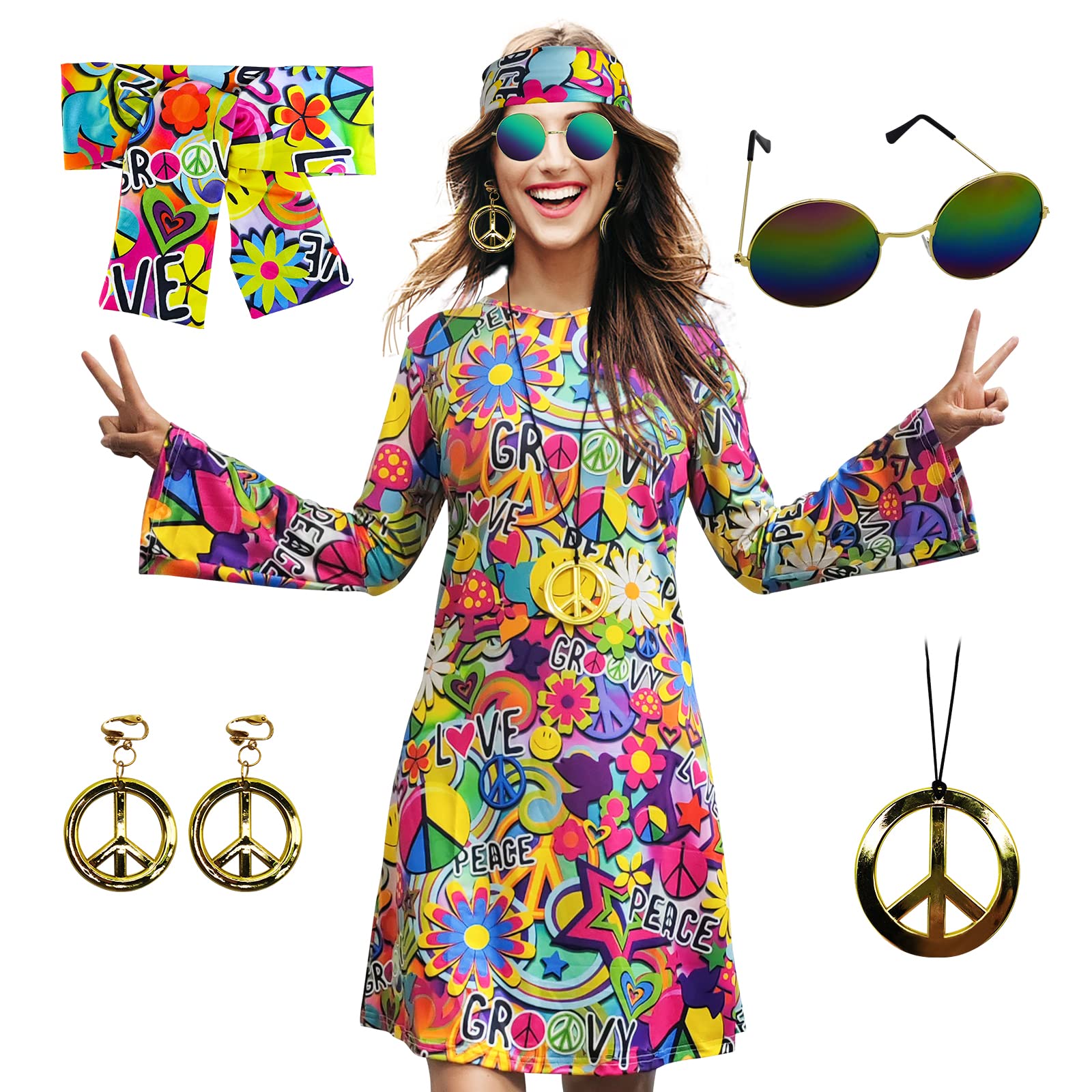 70s Hippie Dress Costumes Necklace Earrings Sunglass Women Disco Outfit, 60s Party Costume, Halloween Retro Dresses