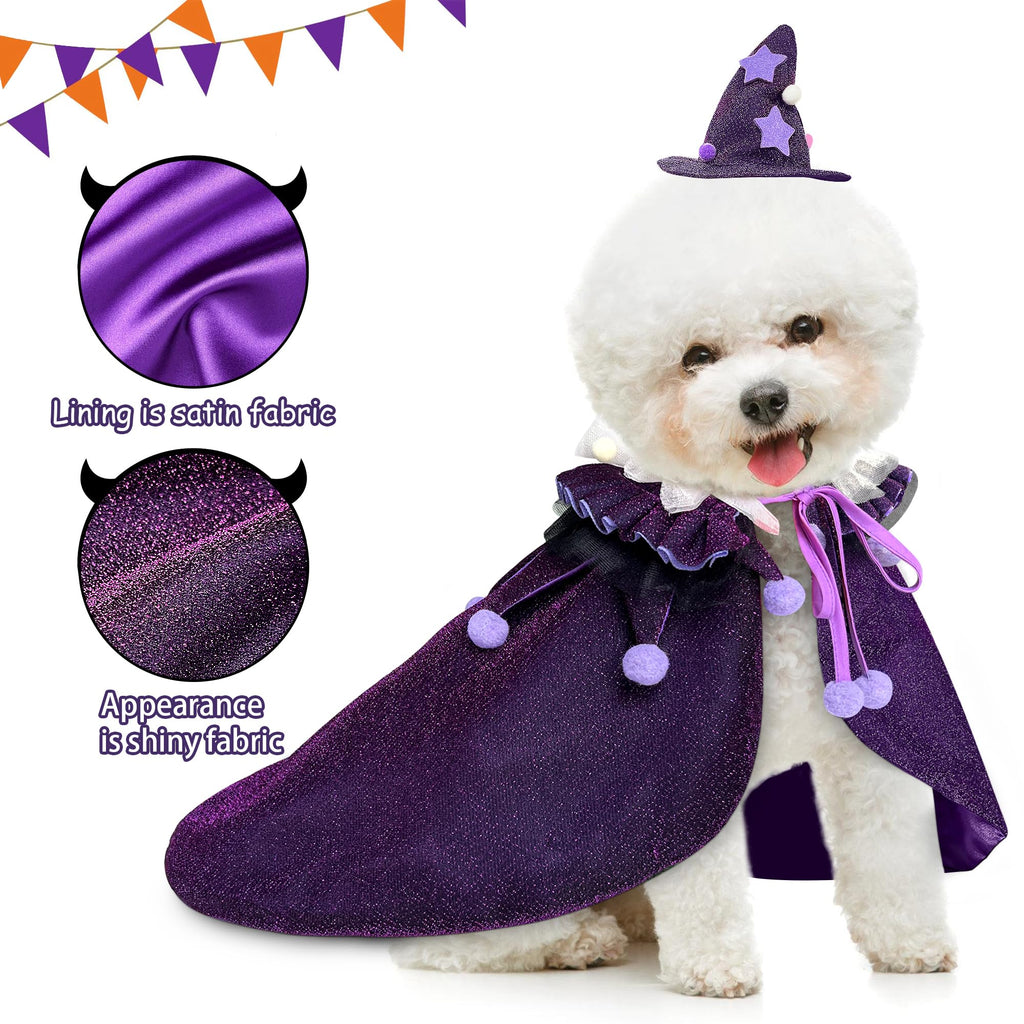 KOUPA Pet Halloween Costume with Hat, Dog Clothes Cosplay Wizard Cloak for Small Puppy Kitten Animal, Shiny Cat Outfit Suit for Party Holiday Christmas, Purple