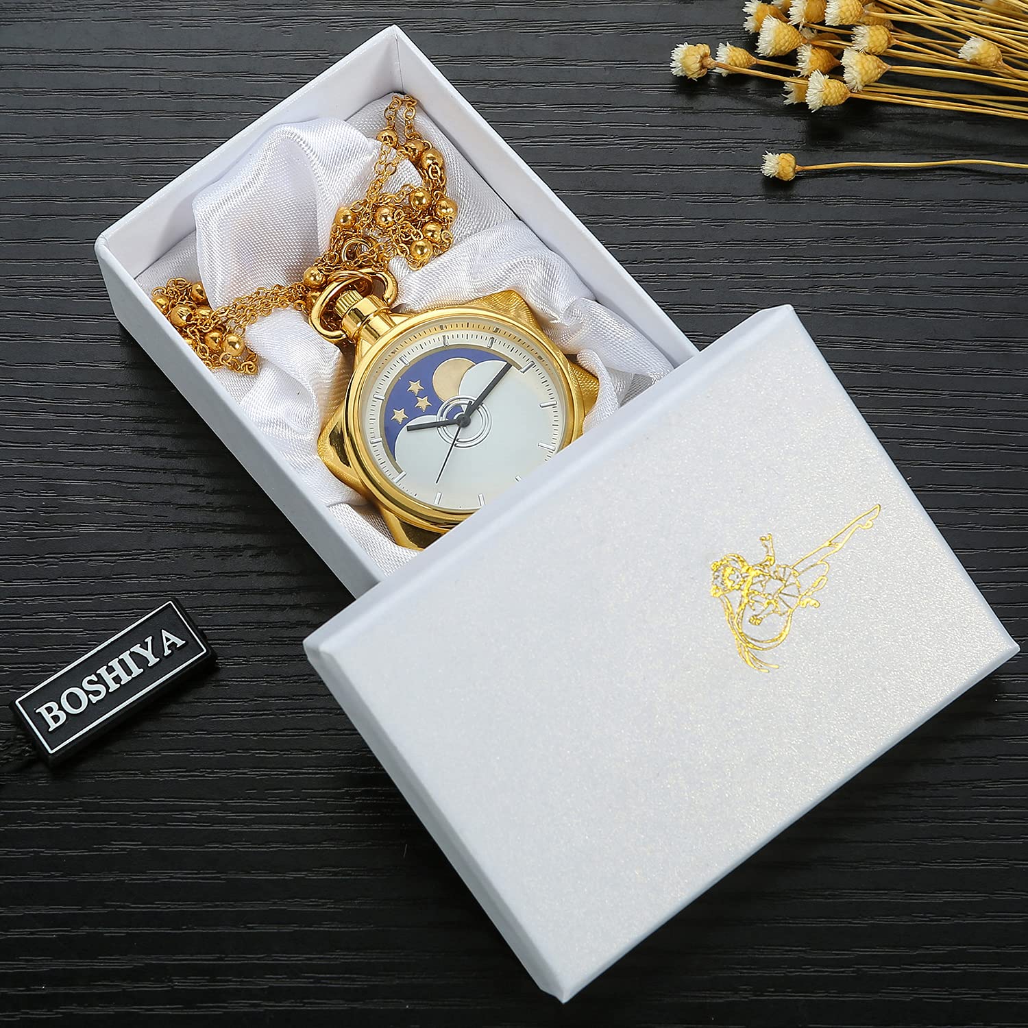 BOSHIYA Sailor Moon Pocket Watch Gold Rhinestone Star Quartz Pocket Watches for Women with Chain