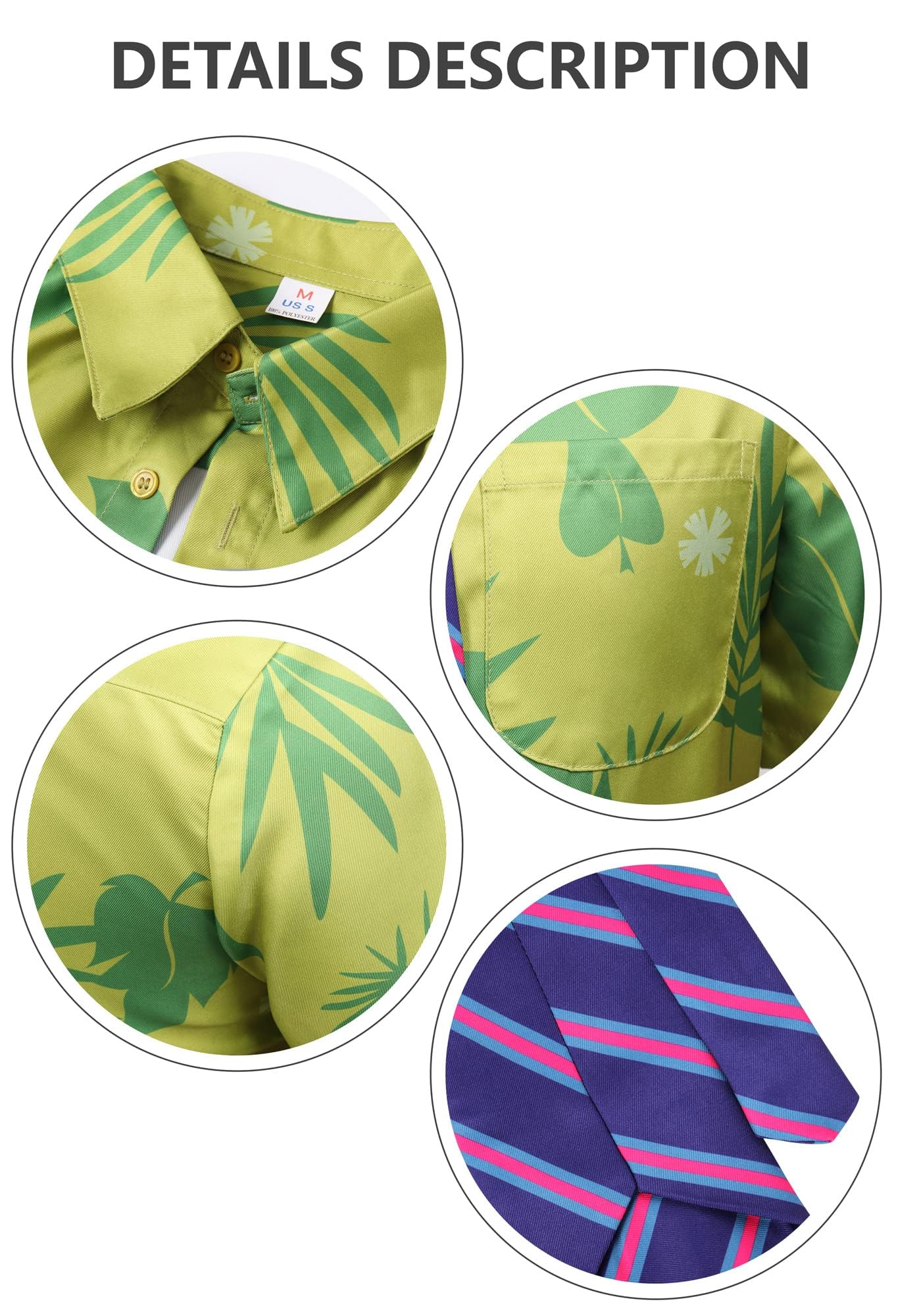 DAZCOS US Size Green Printed T-Shirt Purple Tie for Mens Hawaiian Floral Shirts Cosplay or Casual Holiday Beach Shirts
