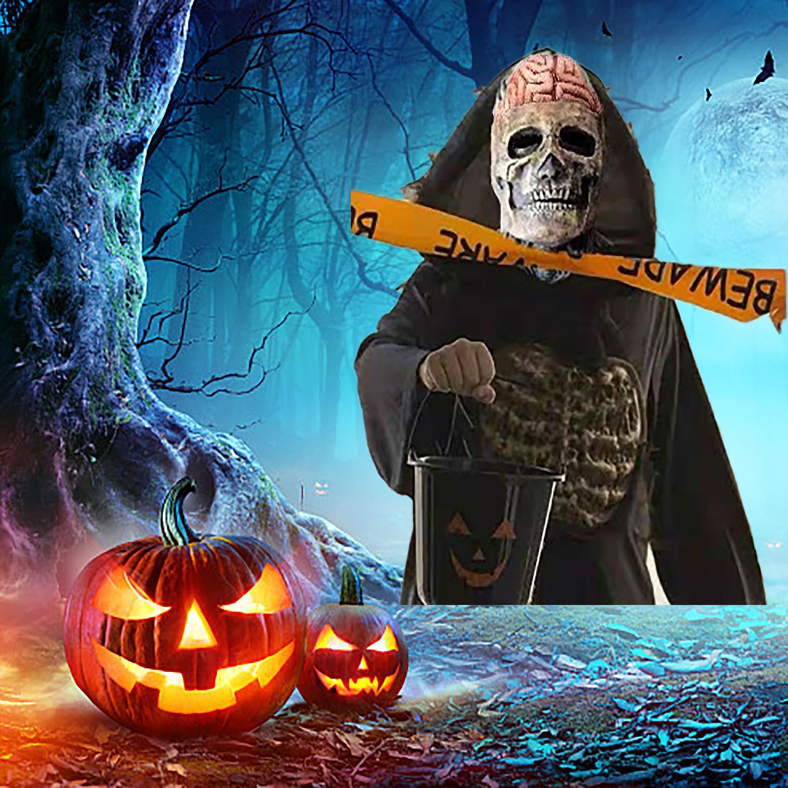 FLOWERTEEN Skeleton Halloween Scary Latex Mask with Moving Jaw Realistic Full Head Skull Mask Party Cosplay (Without Hat)