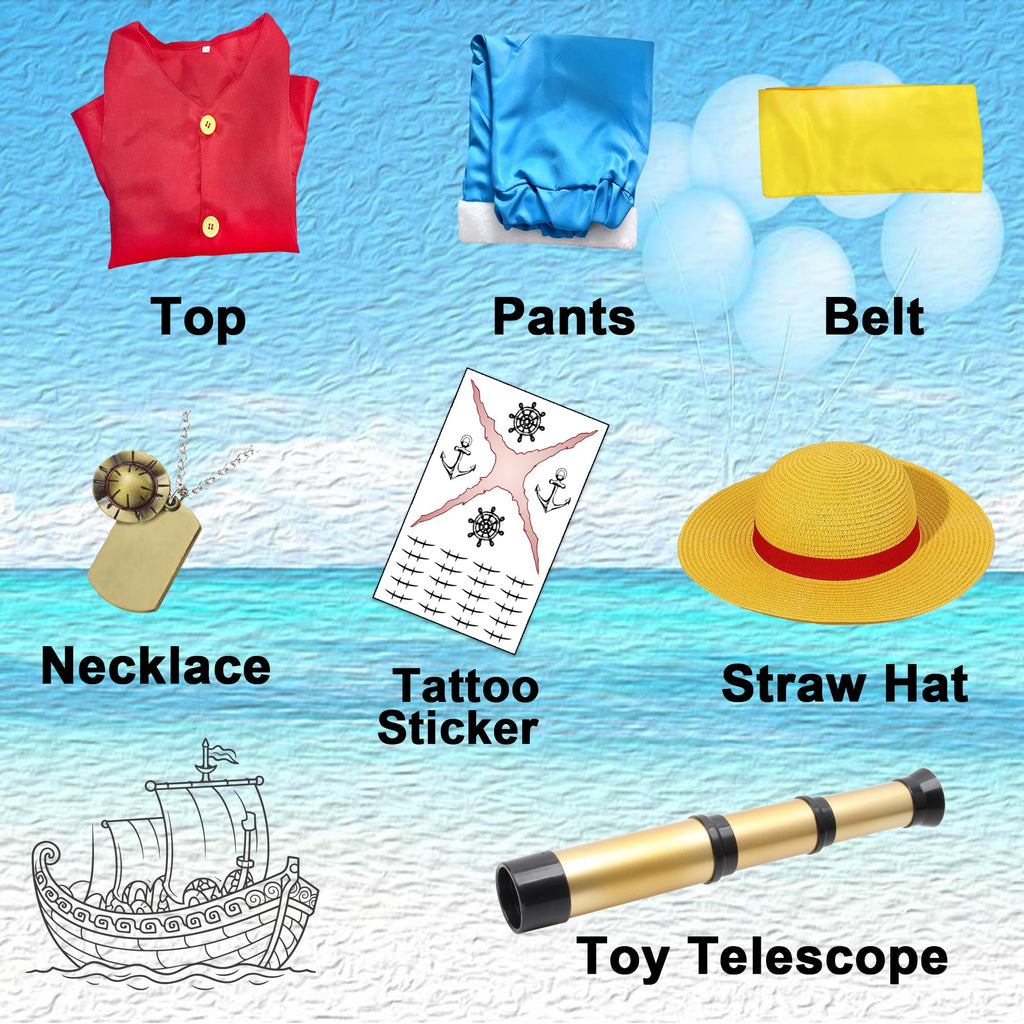 XUAURDT Kids Pirate Costume Red Suits Top Pants Boys Pirate Outfits Halloween Anime Props Straw Hat Dress Up Shirt Shorts Costume (Red, Tag 130)