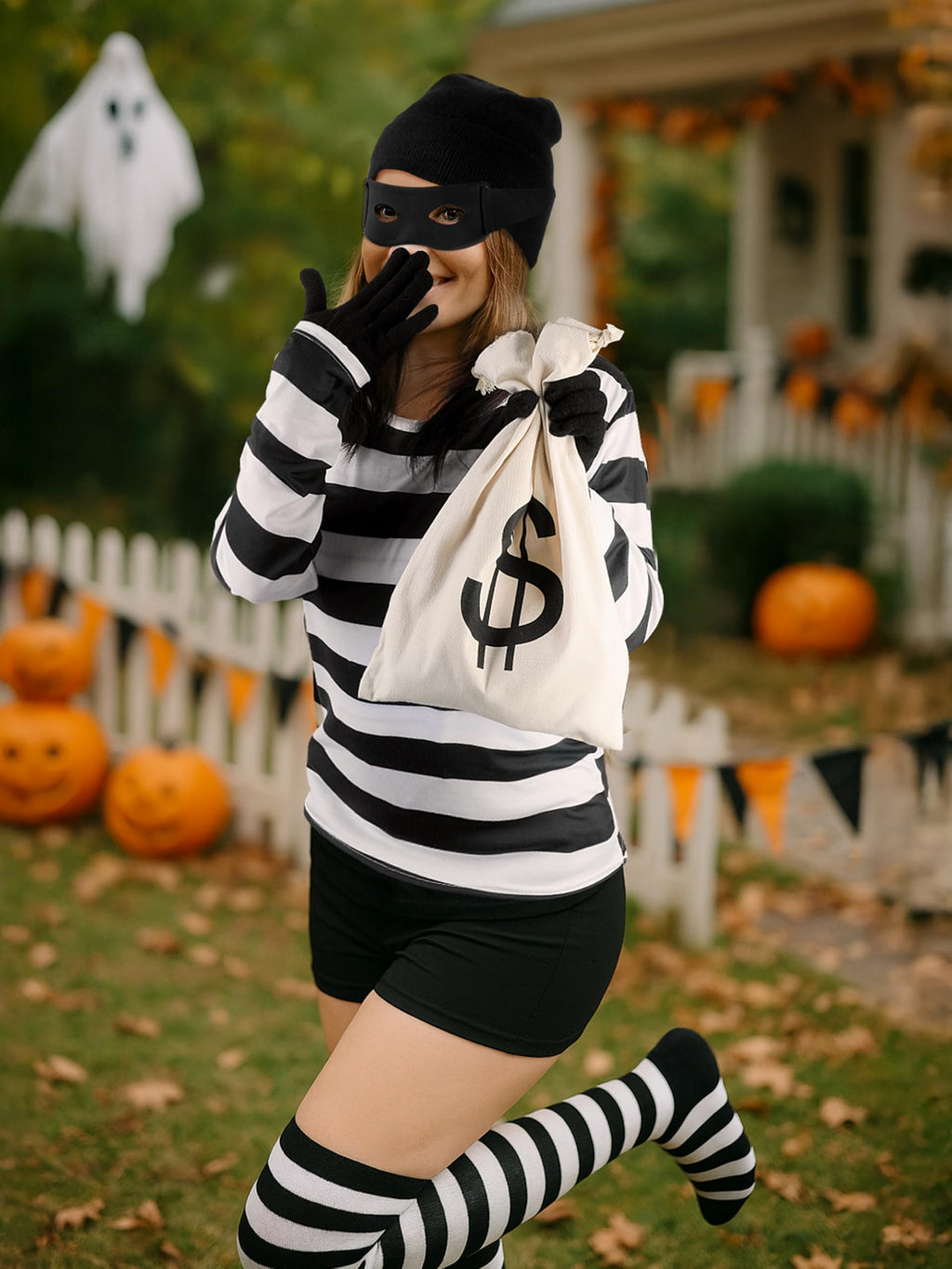QZYL Halloween Women Robber Costume Set, XXL Women Thief Cosplay Striped Shirt Mask Gloves Beanie Cap Bag for Halloween Thief
