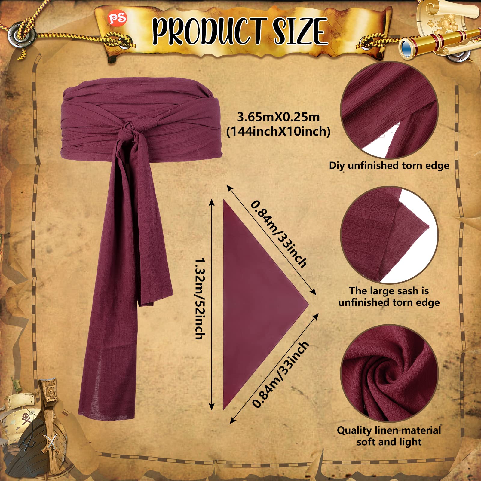 Boyiee 5 Pcs Men Pirate Costume Set for Women Adult Medieval Renaissance Shirt Bandana Sash Belt for Halloween Cosplay Party(Apricot,XL,Retro)