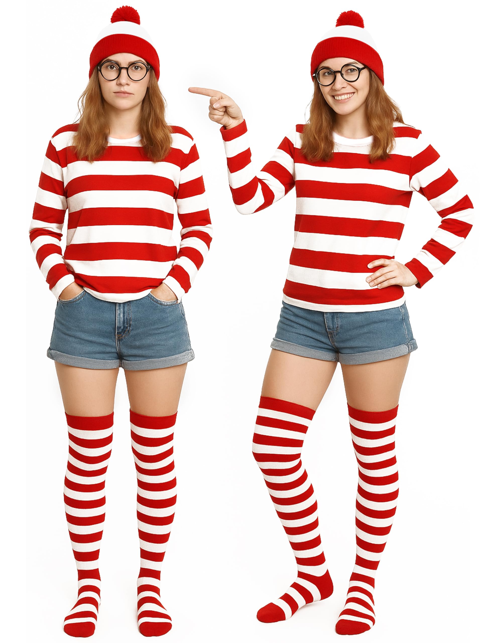 Halloween Costume Set, XXL Halloween Women Cosplay Red White Striped Shirt Beanie Cap Glasses Socks for Halloween Party
