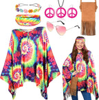 MOVINPE 70s Hippie Costume for Women Accessories Set, Tie Dye Poncho Fringe Bags Flower Crowns Headbands Sunglasses Peace Sign Necklace Earrings 60s Costume Halloween Retro Outfit