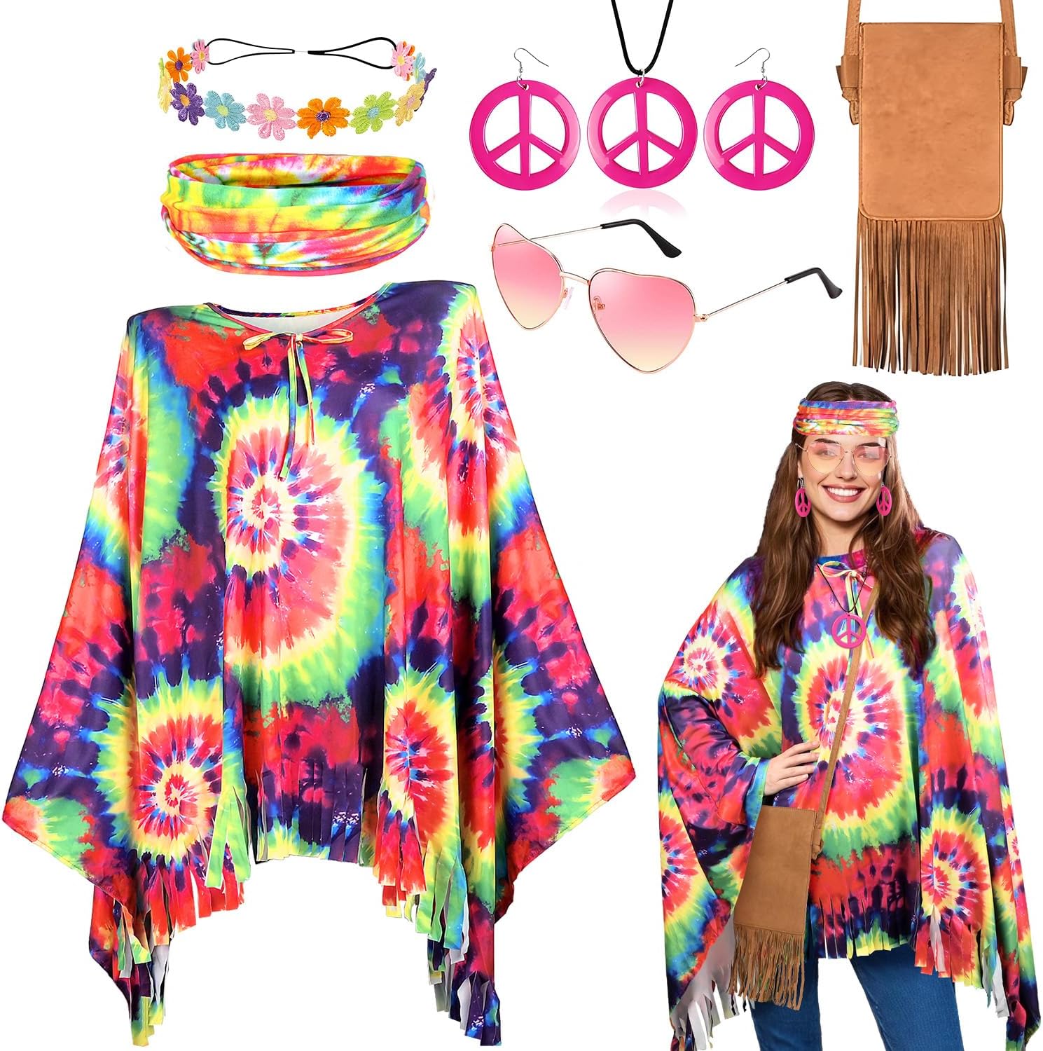 MOVINPE 70s Hippie Costume for Women Accessories Set, Tie Dye Poncho Fringe Bags Flower Crowns Headbands Sunglasses Peace Sign Necklace Earrings 60s Costume Halloween Retro Outfit