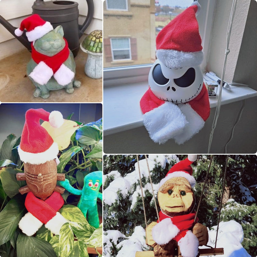 Enjoying Cat Christmas Costume, Santa Hat with Red Scarf for Cats Small Dogs, Rabbit Xmas Outfit, Pet Santa Claus Hat Scarf for Cold Day Head and Neck Warm, New Year Party Cosplay