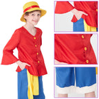 XUAURDT Kids Pirate Costume Red Suits Top Pants Boys Pirate Outfits Halloween Anime Props Straw Hat Dress Up Shirt Shorts Costume (Red, Tag 130)