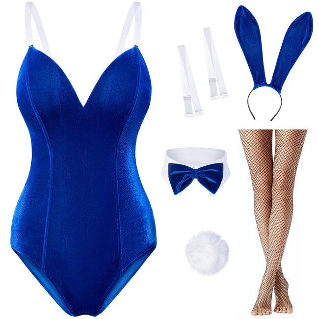 Women Velvet Bunny Costume Bunny Girl Suit Costume Senpai Cosplay One Piece Bodysuit Stockings Set(Blue S) Hover Image