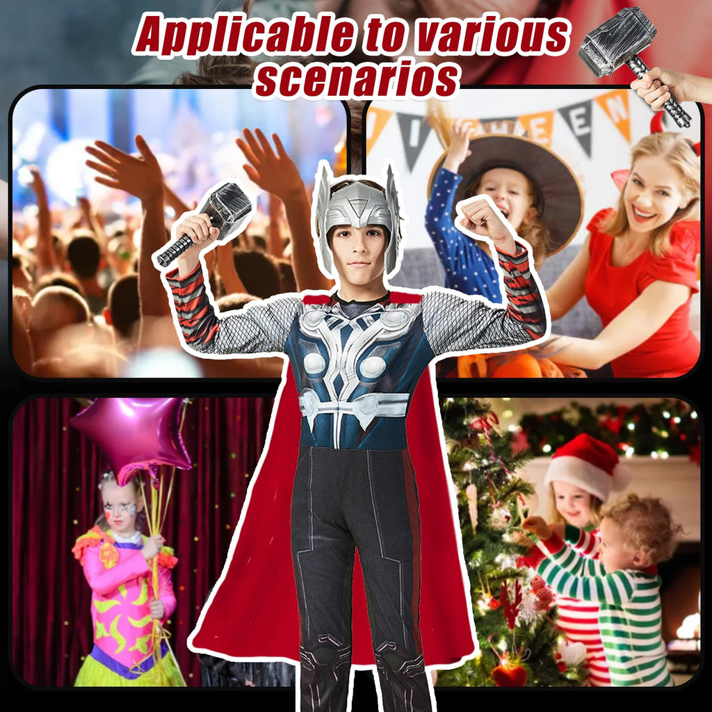 EJWCIG Kids Super Hero Costume Muscle Suit with Helmet Red Cape Jumpsuit Hammer Outfit 4 PCS Sets Suit Halloween Party Cosplay Props (S(43-47inch)