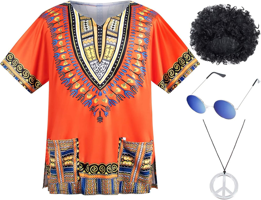 4 PCS Hippie Costume for Mens 60s 70s T-Shirt Afro Wig Accessories Set for Party Cosplay