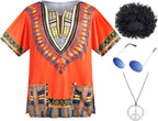 4 PCS Hippie Costume for Mens 60s 70s T-Shirt Afro Wig Accessories Set for Party Cosplay