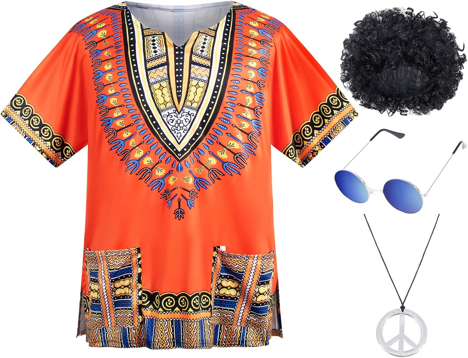 4 PCS Hippie Costume for Mens 60s 70s T-Shirt Afro Wig Accessories Set for Party Cosplay