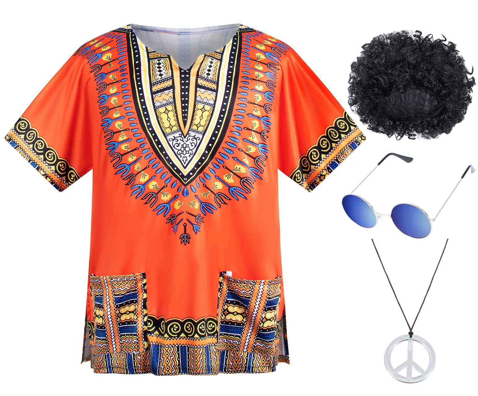 4 PCS Hippie Costume for Mens 60s 70s T-Shirt Afro Wig Accessories Set for Party Cosplay
