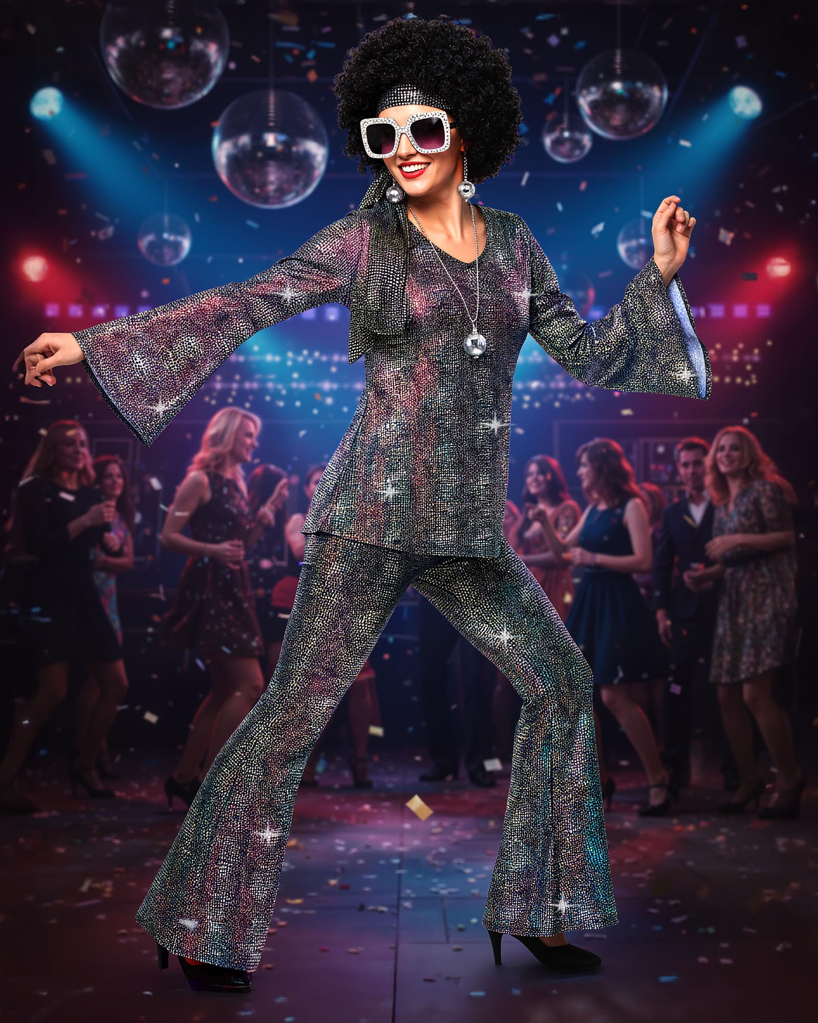 Jexine Halloween 70s Women Disco Outfit Costume Set Disco Party Top Pants Sunglasses Ball Necklace Earring Wig(White,Large)