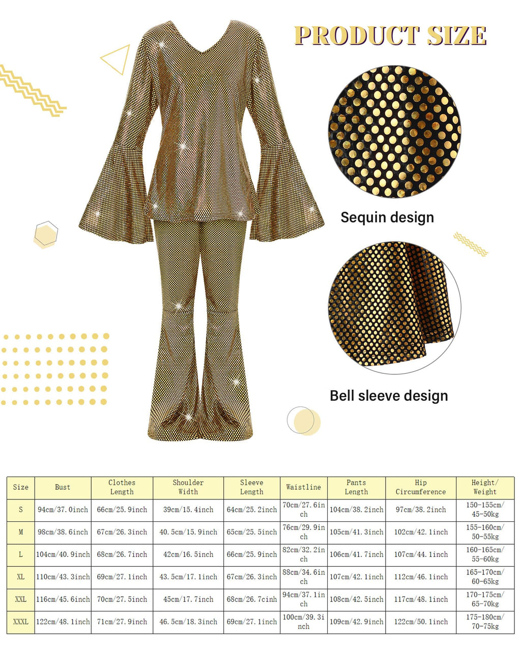 Jexine Halloween 70s Women Disco Outfit Costume Set Disco Party Top Pants Sunglasses Ball Necklace Earring Wig(White,Large)