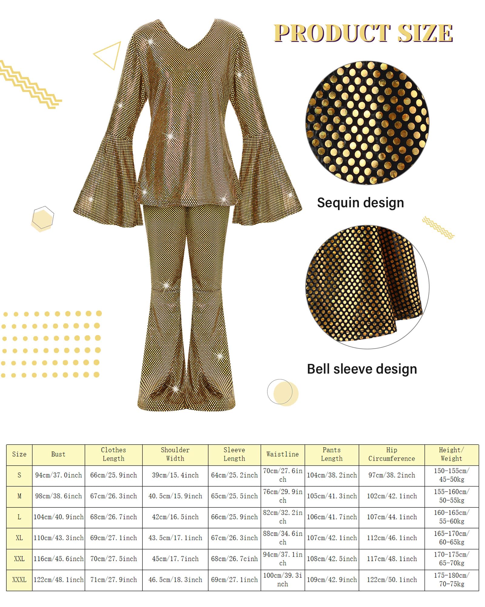 Jexine Halloween 70s Women Disco Outfit Costume Set Disco Party Top Pants Sunglasses Ball Necklace Earring Wig(White,Large)