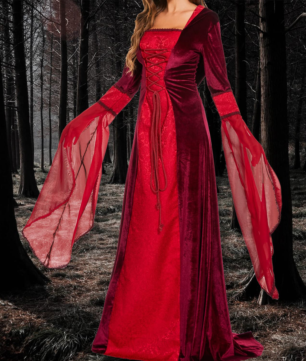 BITSEACOCO Deluxe Witch Dress Costume for Women, Vintage Embroidered Renaissance Victorian Gothic Hooded Vampire Gown Dress Cosplay (Red, XL)