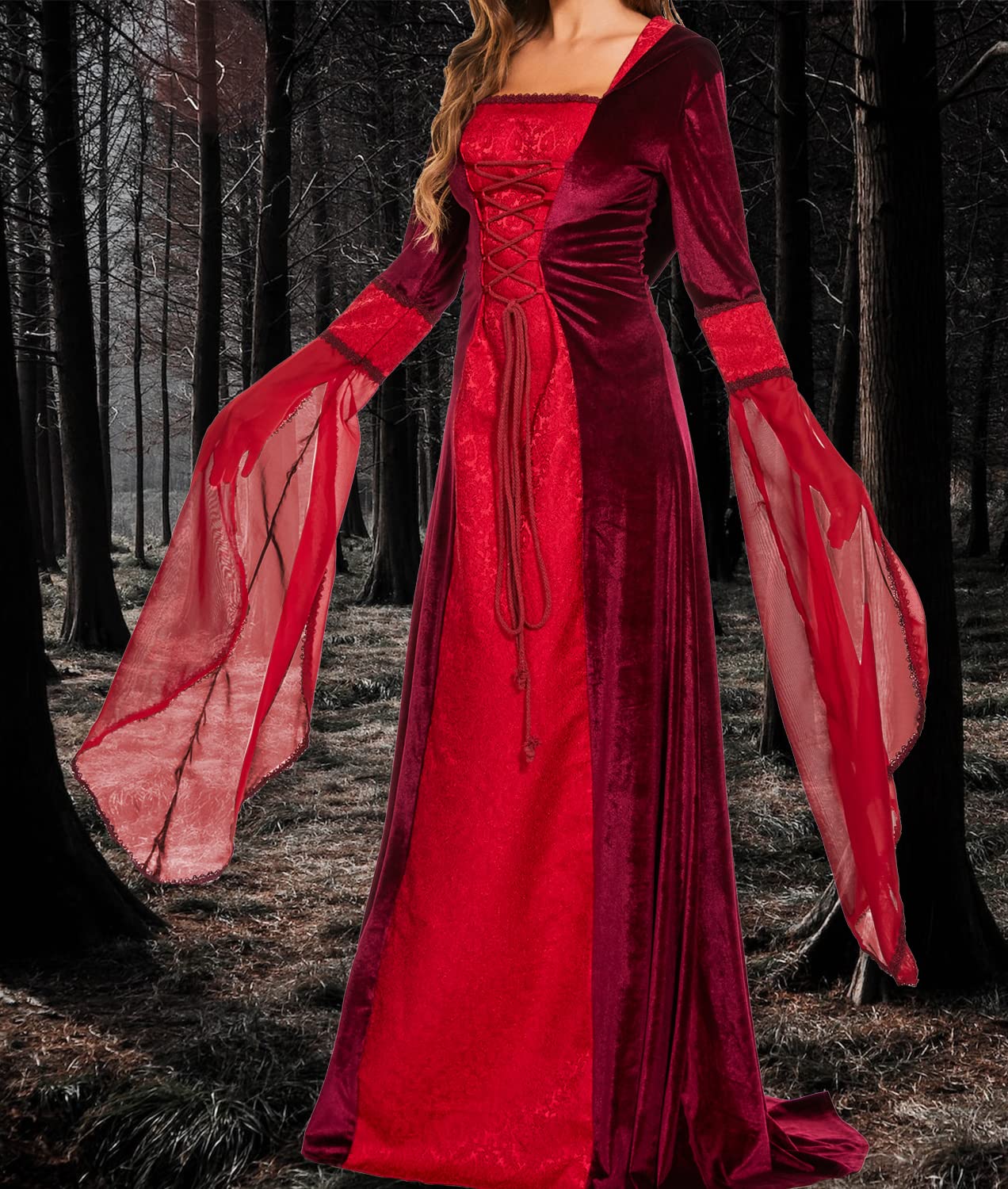 BITSEACOCO Deluxe Witch Dress Costume for Women, Vintage Embroidered Renaissance Victorian Gothic Hooded Vampire Gown Dress Cosplay (Red, XL)