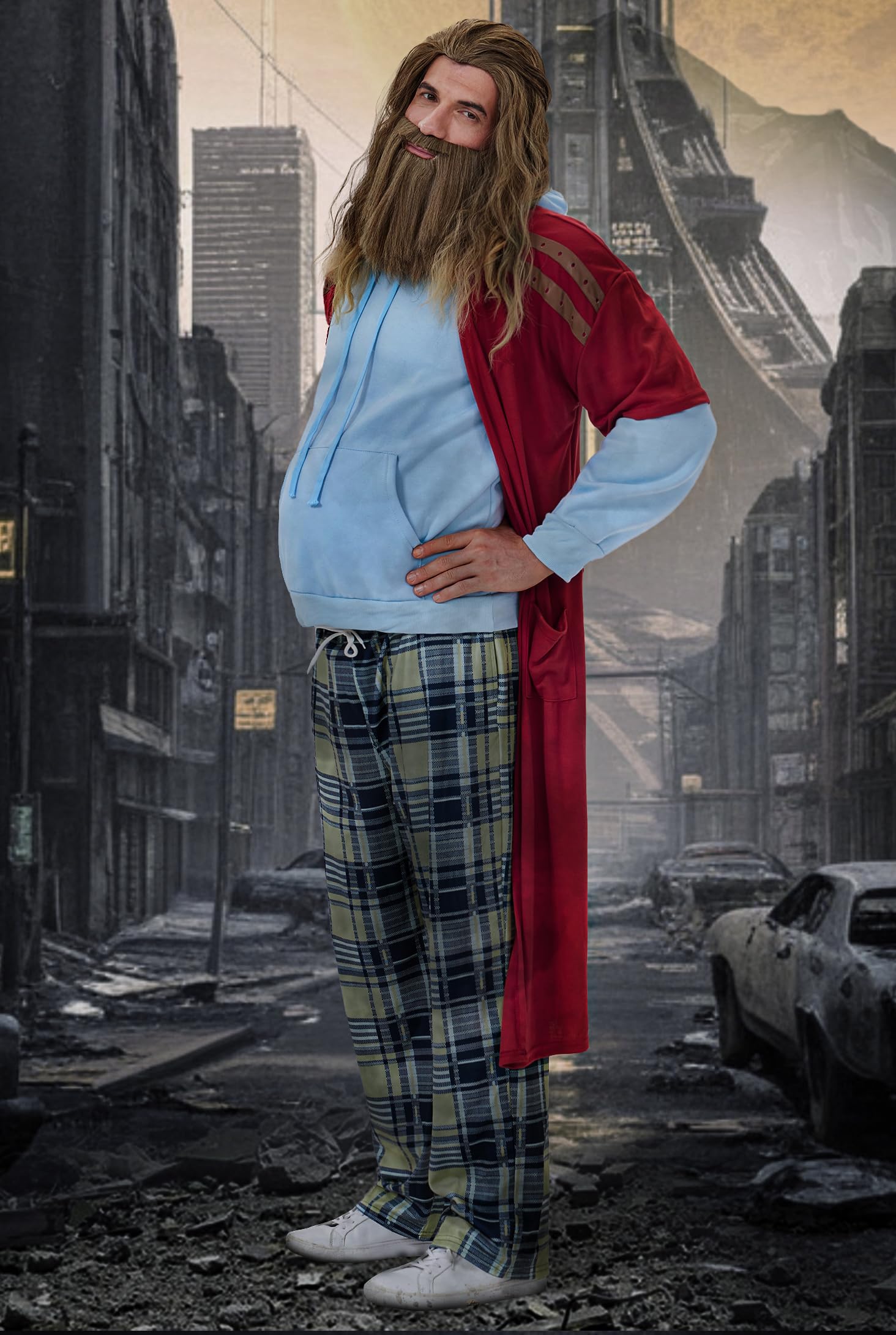 Arvilhill 4 Pcs Fat Thor Beer Belly Costume Set for Adult Men Hoodie Overalls Full Outfit with Sweatshirt Pant Robe Gloves Halloween Funny Comedy Movie Night Theme Party S