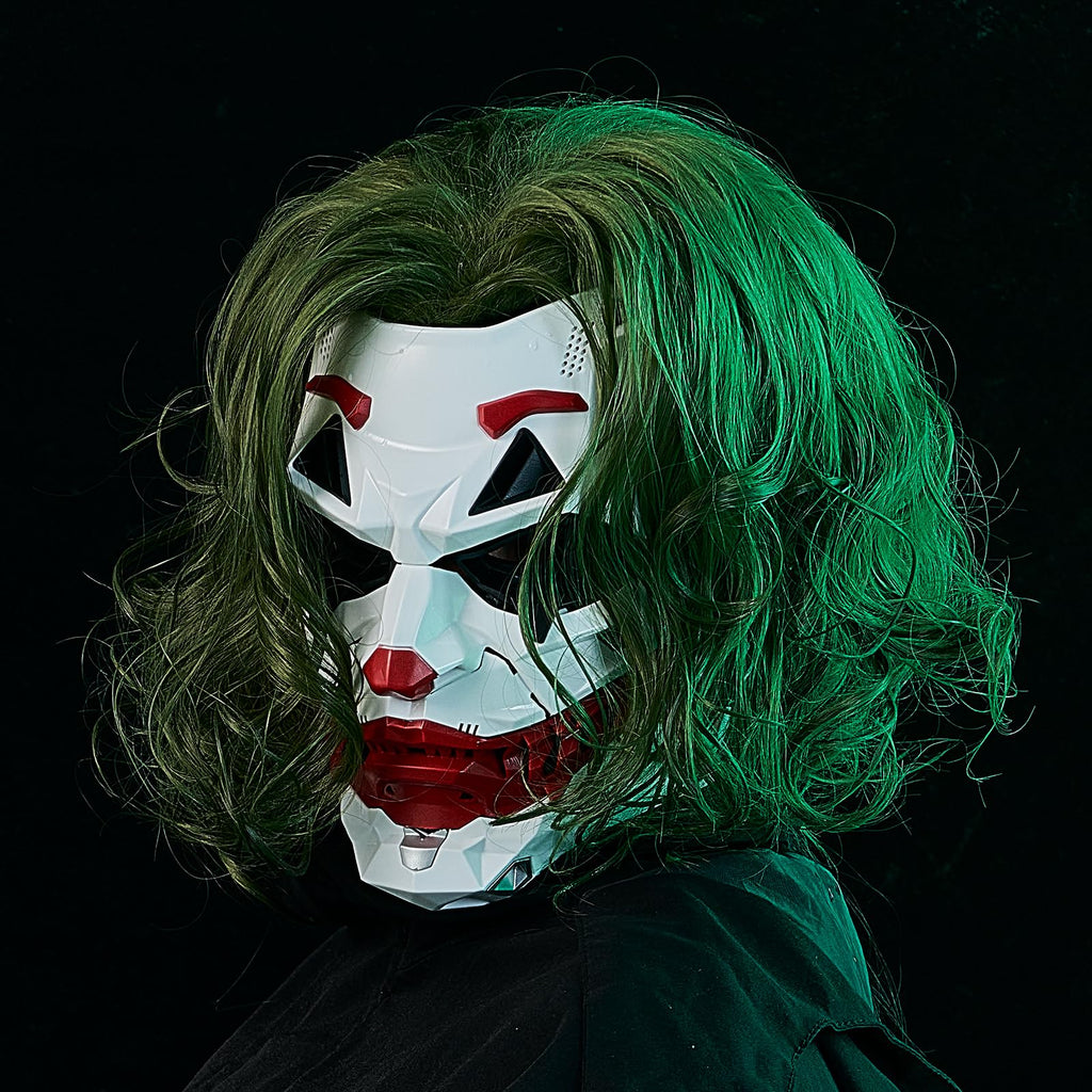 IUUBVV Futuristic Clown Mask with Green Wig, White and Red Cyberpunk Style Face Mask, Halloween Costume Accessory