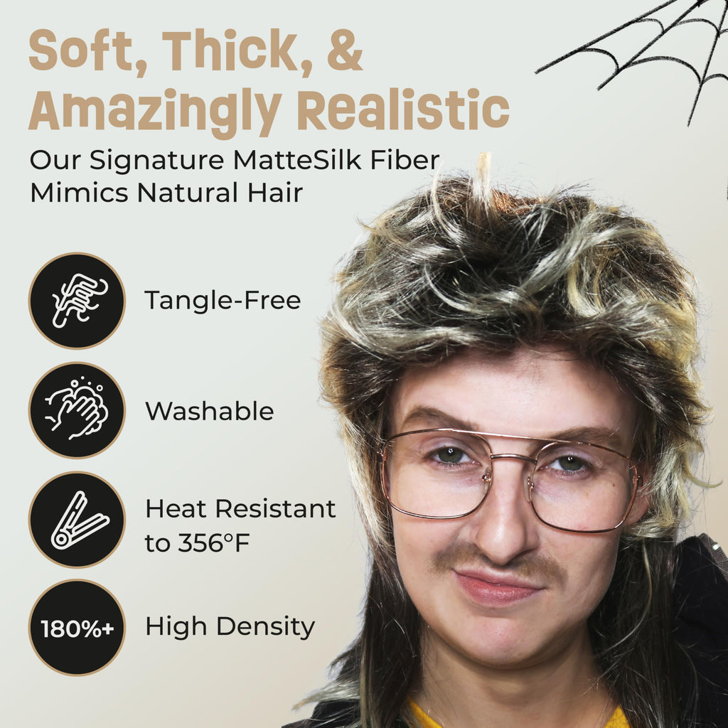 ALLAURA Compatible with Sonny Bono Wig – 60s 70s Men’s Short Brown Wig + Mustache for Hippie, Singer, TV Star, Cop, Detective Costumes – Liberty Duo, Limu & Doug, Uncle Rico, Retro Halloween Outfit