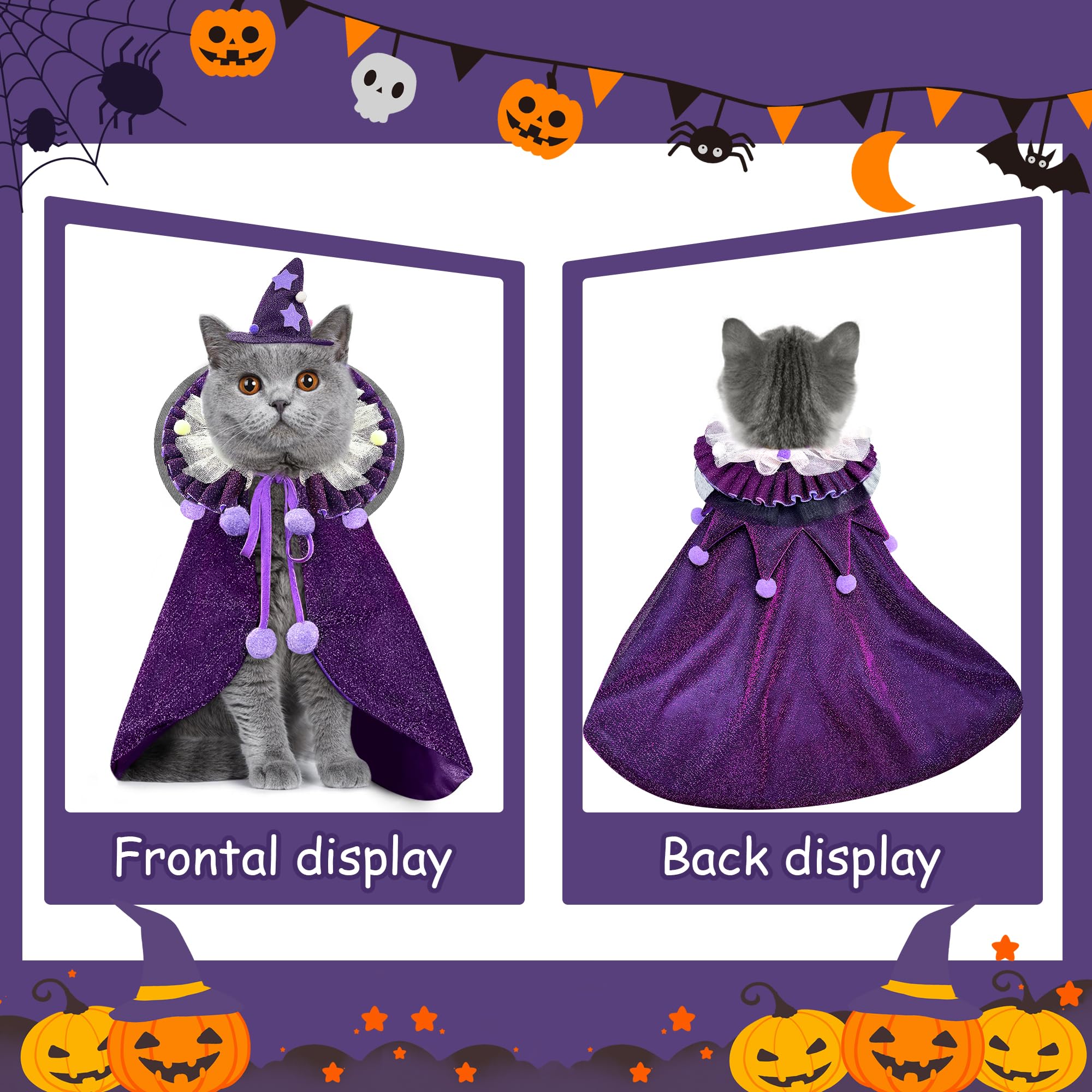 KOUPA Pet Halloween Costume with Hat, Dog Clothes Cosplay Wizard Cloak for Small Puppy Kitten Animal, Shiny Cat Outfit Suit for Party Holiday Christmas, Purple