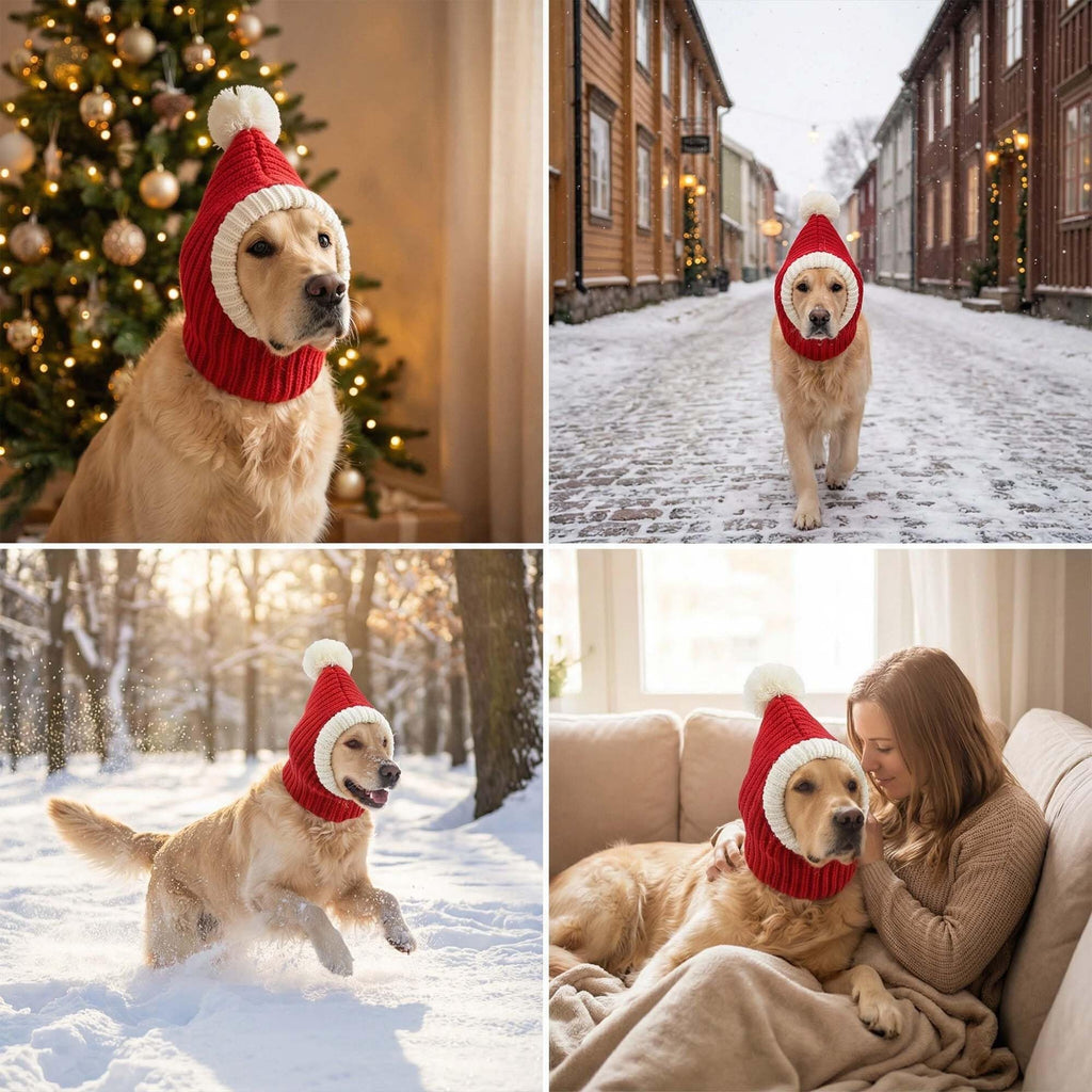 Christmas Dog Hat Costume for Large Medium Dog Warm Winter Dog Hat Neck Ear Warmer Headband Protector for Golden Retriever Labrador(Large, Red)