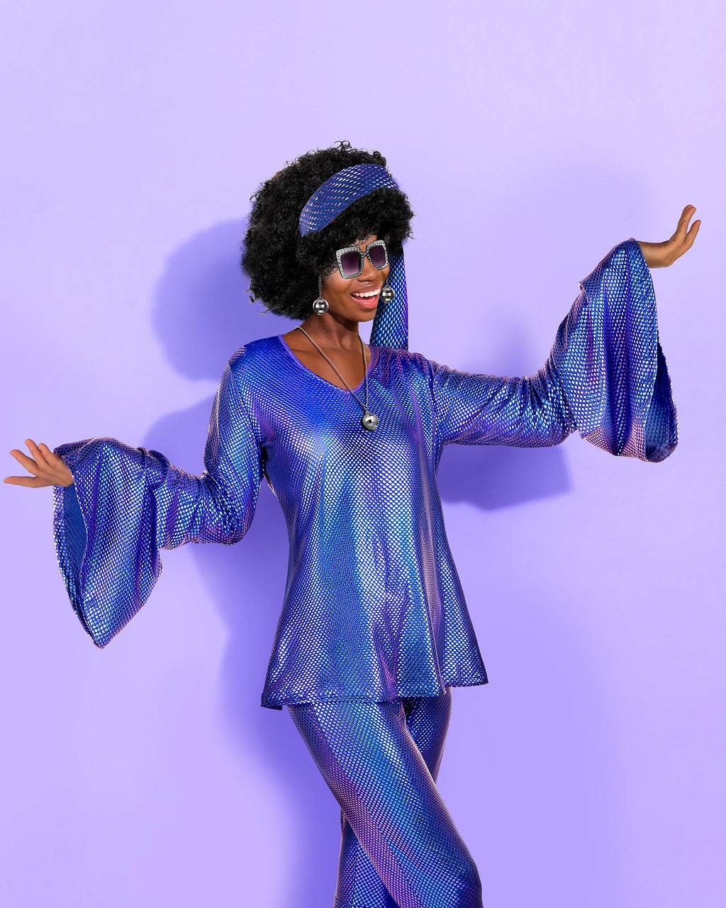 Jexine Halloween 70s Women Disco Outfit Costume Set Disco Party Top Pants Sunglasses Ball Necklace Earring Wig(White,Large)