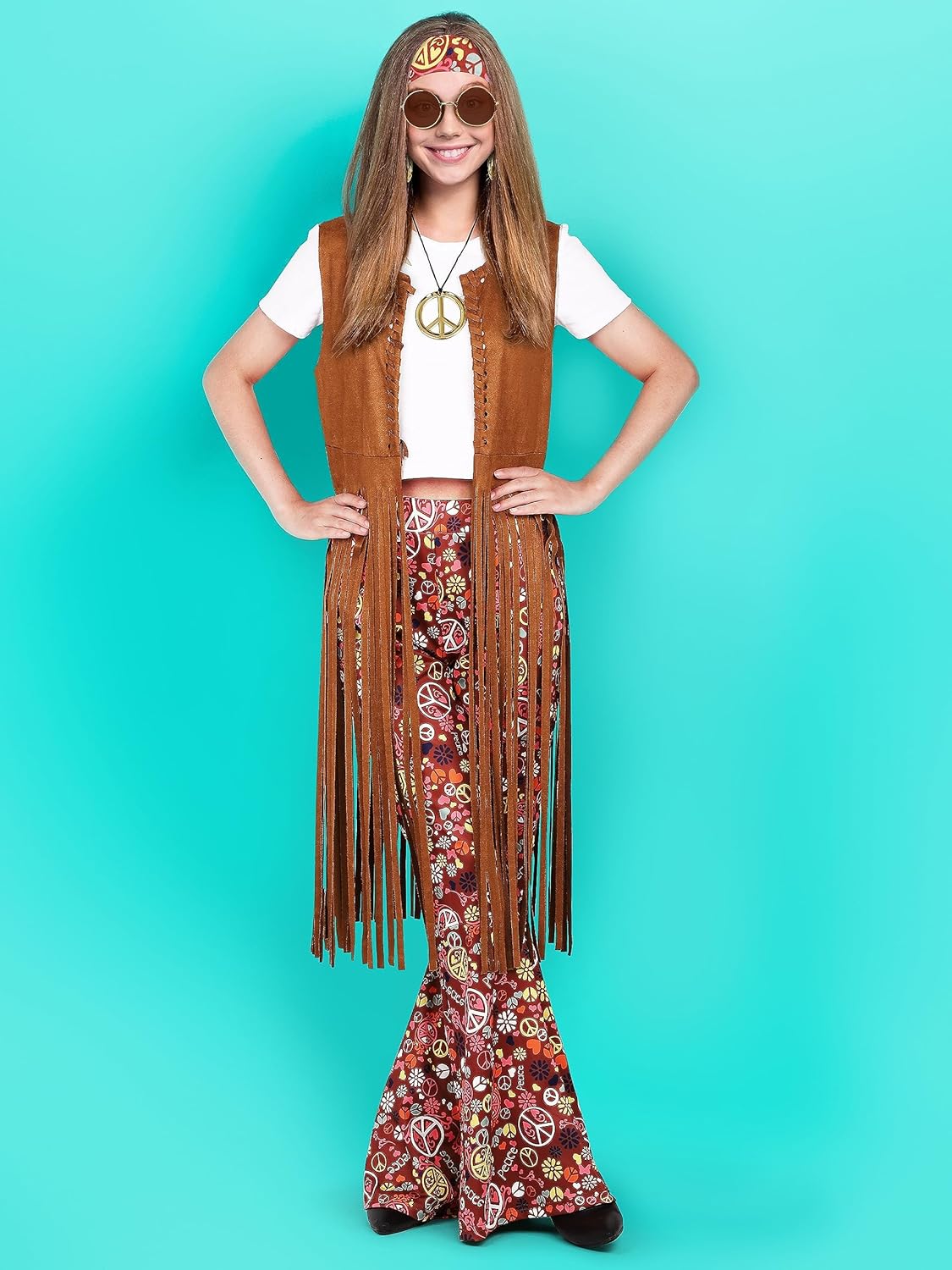 SOMSOC 7 Pieces 70s Women Hippie Costume Fringe Vest Bag Pant Headband for Halloween