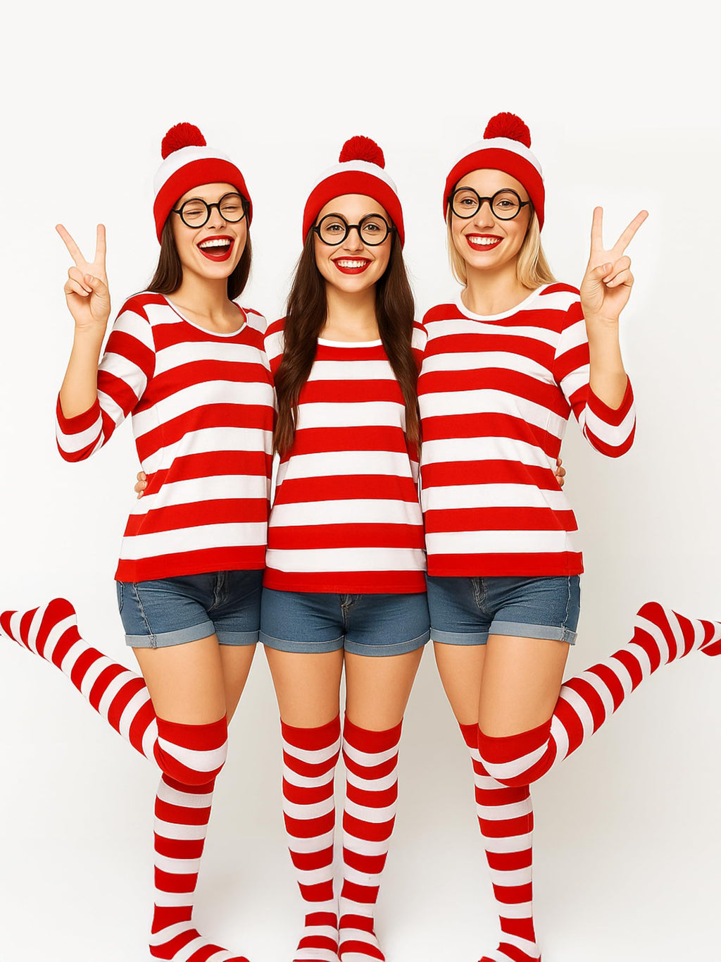 Halloween Costume Set, XXL Halloween Women Cosplay Red White Striped Shirt Beanie Cap Glasses Socks for Halloween Party