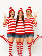Halloween Costume Set, XXL Halloween Women Cosplay Red White Striped Shirt Beanie Cap Glasses Socks for Halloween Party