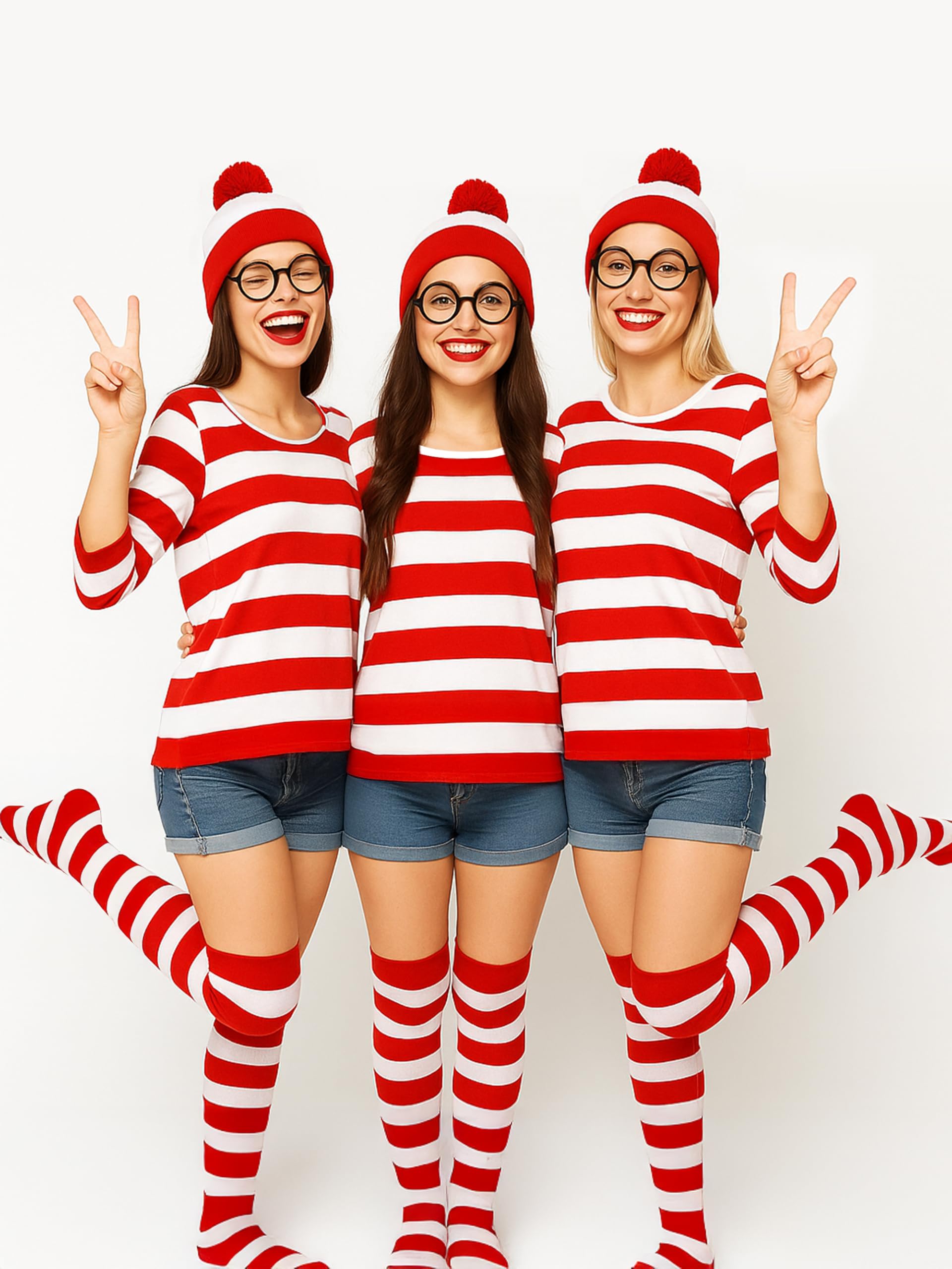 Halloween Costume Set, XXL Halloween Women Cosplay Red White Striped Shirt Beanie Cap Glasses Socks for Halloween Party