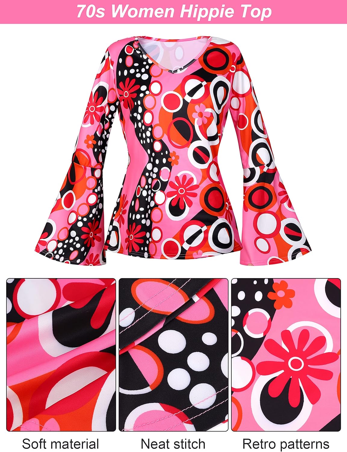 SOMSOC 7 Pack 70s Women Hippie Costume Set Boho Flared Pants Tie Dye Headband Necklace Earrings Wig for Halloween Cosplay