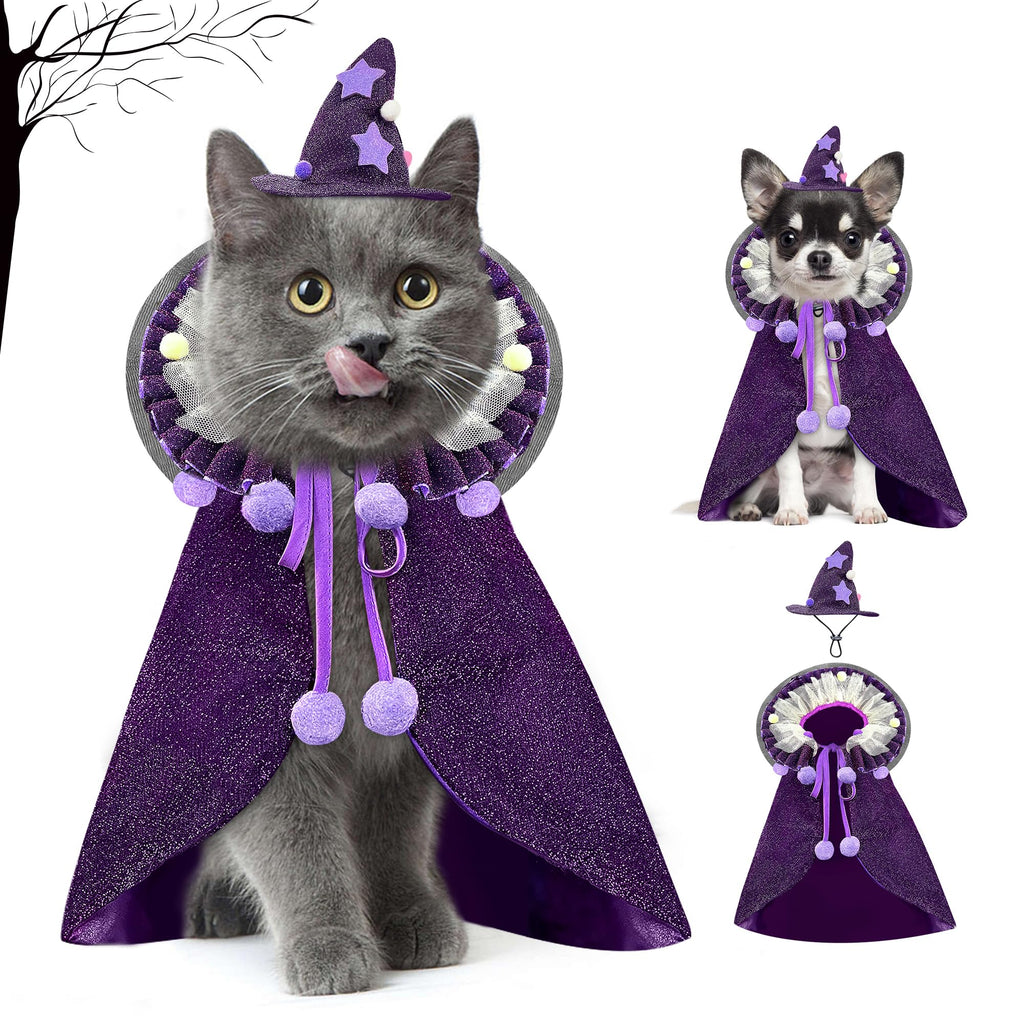 KOUPA Pet Halloween Costume with Hat, Dog Clothes Cosplay Wizard Cloak for Small Puppy Kitten Animal, Shiny Cat Outfit Suit for Party Holiday Christmas, Purple